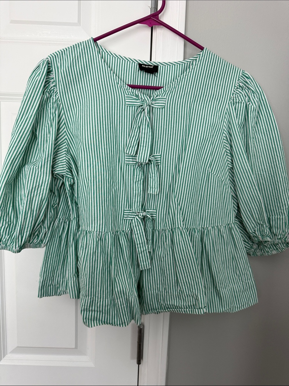 Greenand White Striped Tie-Front Peplum Blouse